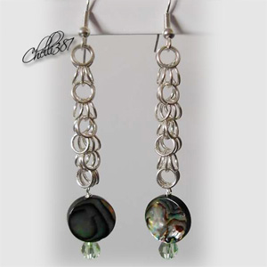 Paua abalone shell silver chainmaille earrings